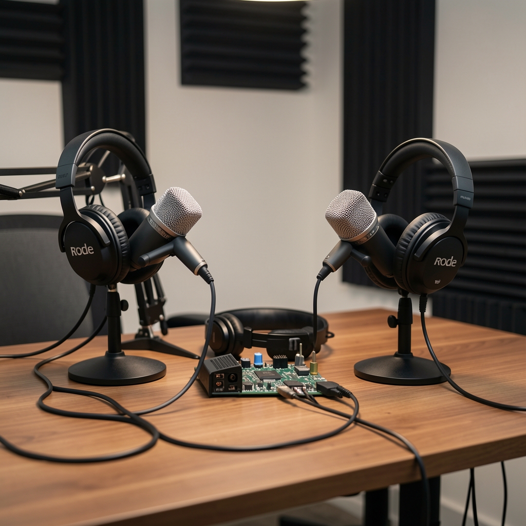 Студия подкастов с профессиональным микрофоном Shure SM7B, наушниками и акустической панелью на стене, тёплое студийное освещение