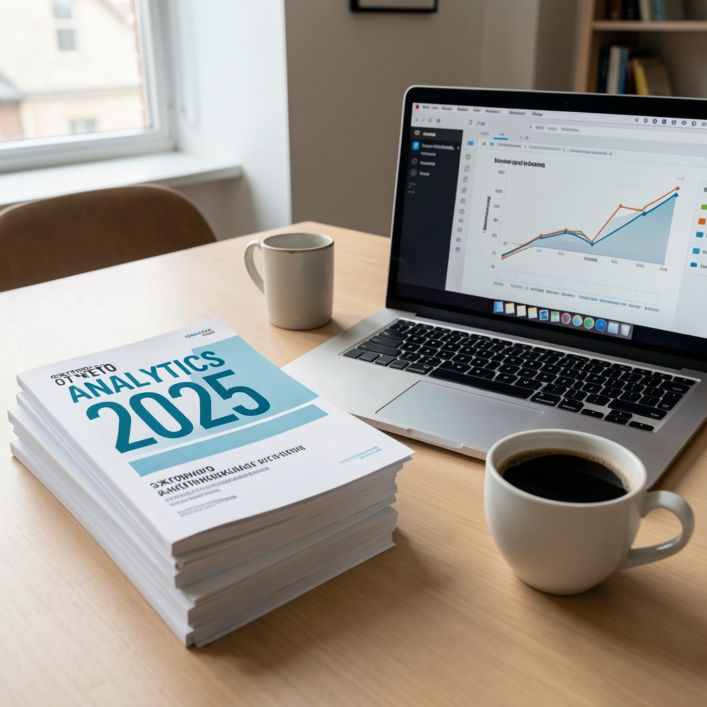 Обложка ежегодного аналитического отчёта Unlock Media Analytics 2025: стопка документов на рабочем столе исследователя, рядом кофе и ноутбук с графиками
